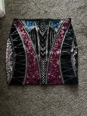 EXPRESS High Waisted Geometric Sequin Mini Skirt in Black, Purple and Silver